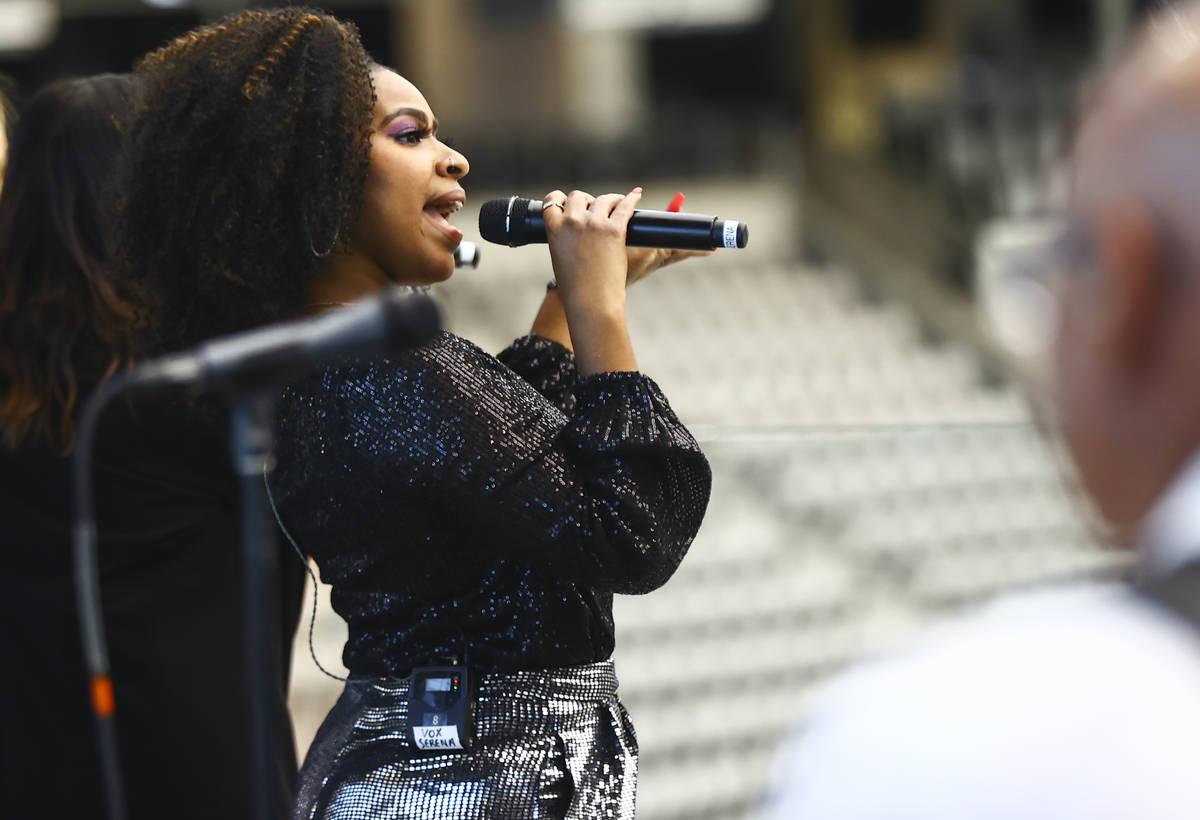 Members of David Perrico's Pop Strings band perform at Allegiant Stadium in Las Vegas on Monday ...