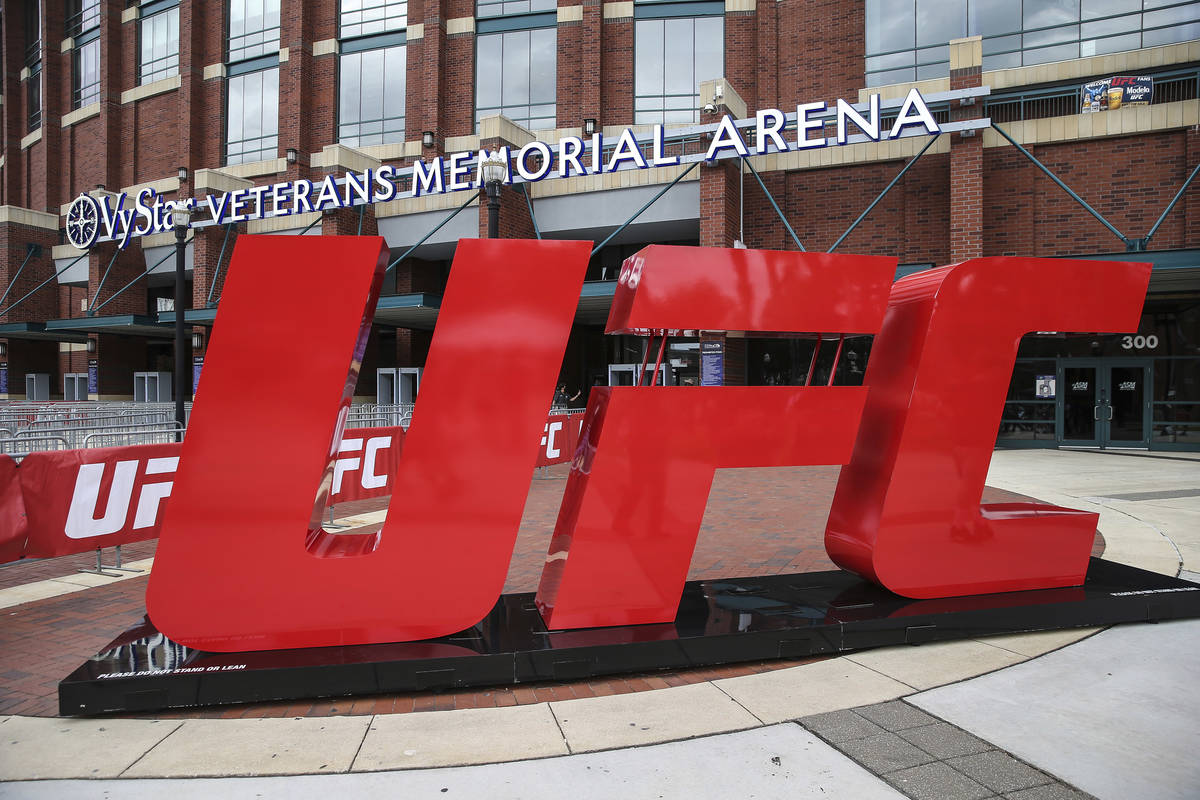 UFC logo outside the arena during a UFC 261 Fan Experience before a mixed martial arts event, S ...
