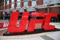 UFC logo outside the arena during a UFC 261 Fan Experience before a mixed martial arts event, S ...