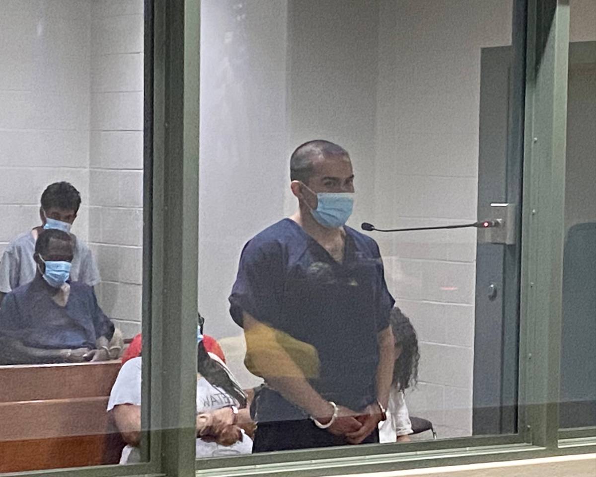 Anthony Balderas, charged with murder, appears in Las Vegas Justice Court on June 28, 2021. (Da ...