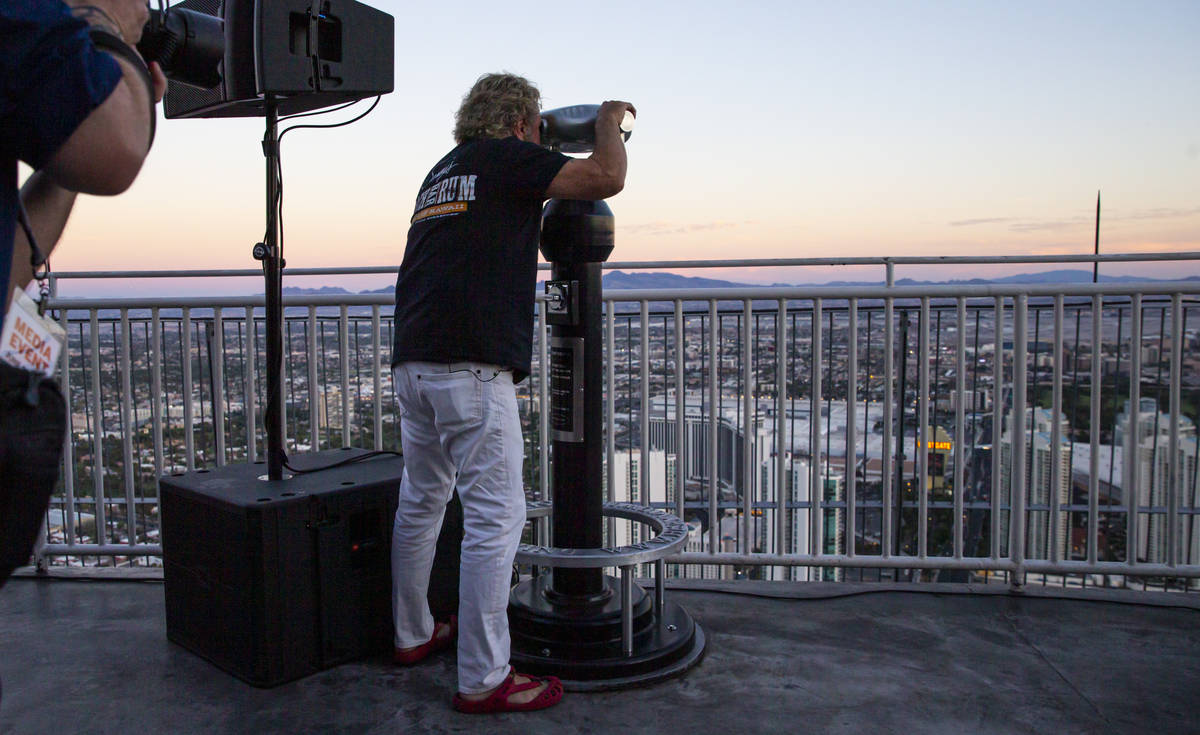 Sammy Hagar looks out over the Las Vegas Strip from the top of The Strat in Las Vegas on Monday ...
