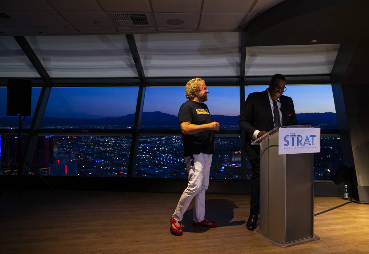 Sammy Hagar, left, is presented with a proclamation from Las Vegas City Councilman Cedric Crear ...