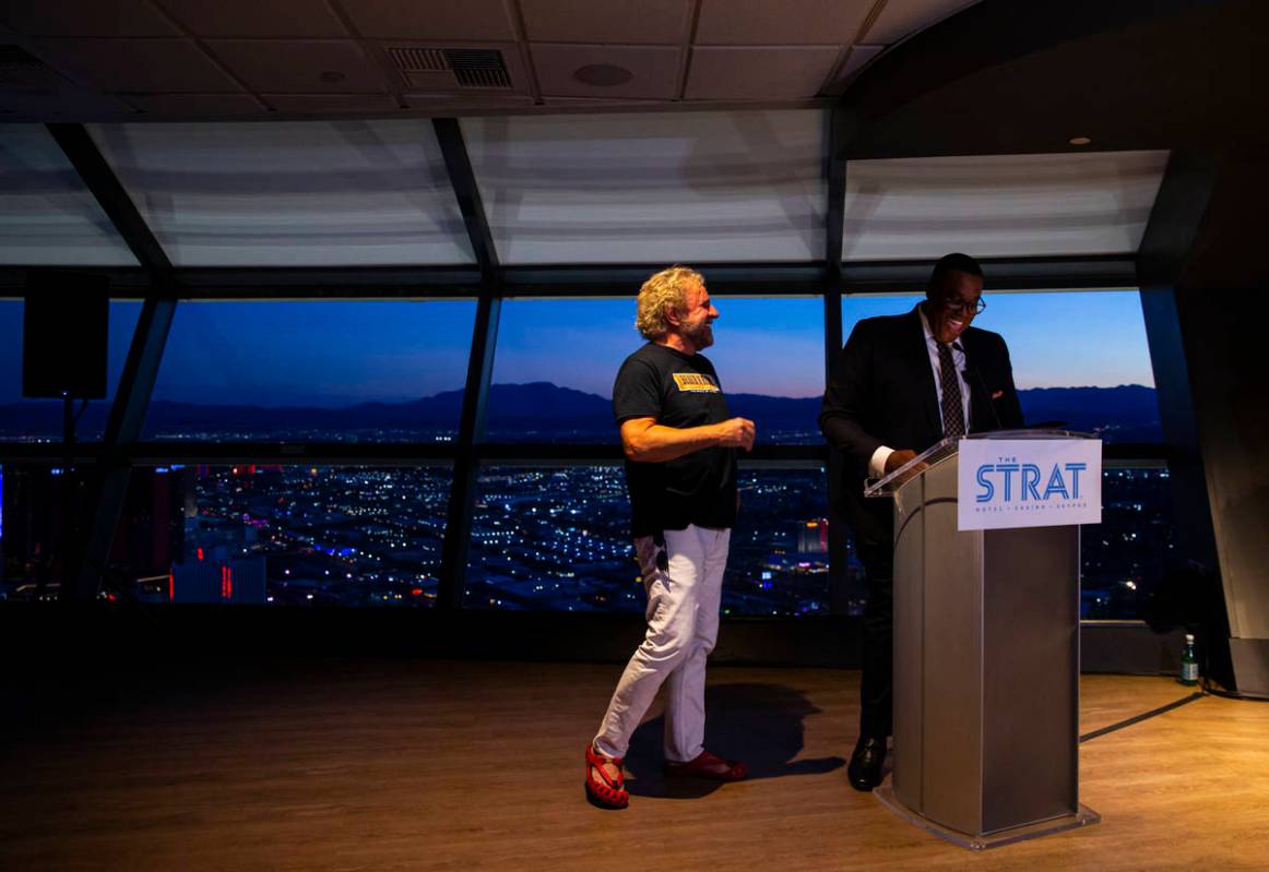 Sammy Hagar, left, is presented with a proclamation from Las Vegas City Councilman Cedric Crear ...