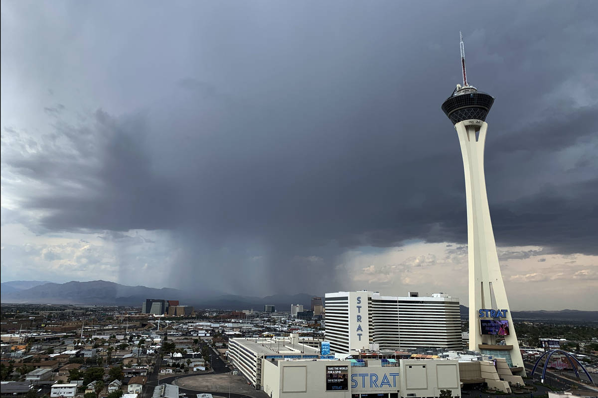 Dark clouds drift over The Strat on Tuesday, June 29, 2021. (Chitose Suzuki/Las Vegas Review-Jo ...