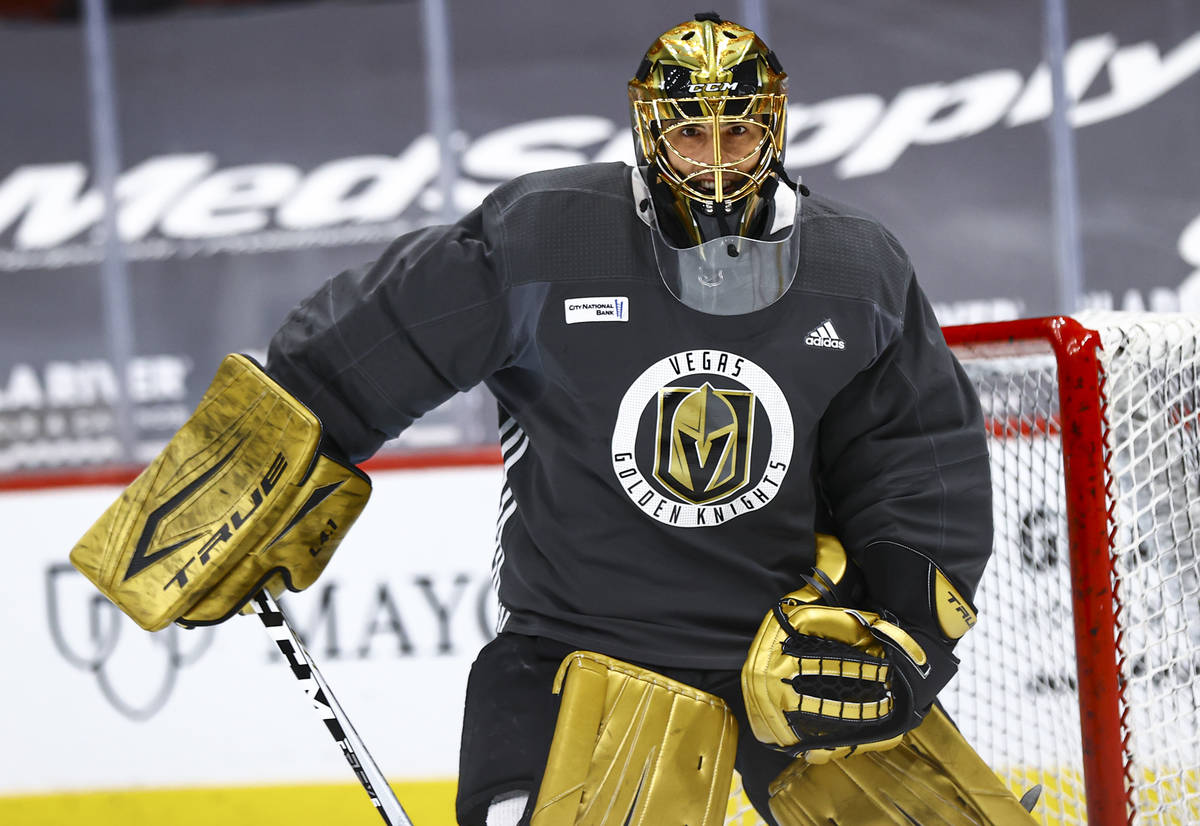 Golden Knights goaltender Marc-Andre Fleury participates in an optional morning skate at Gila R ...