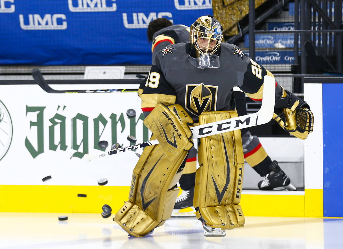 Golden Knights goaltender Marc-Andre Fleury skates onto the ice to warm up before taking on the ...