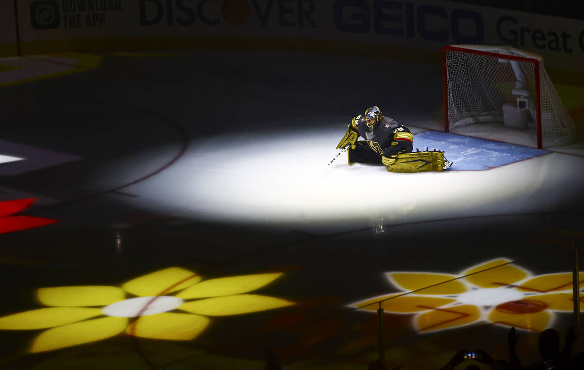 Golden Knights goaltender Marc-Andre Fleury is introduced before the start of Game 2 against th ...