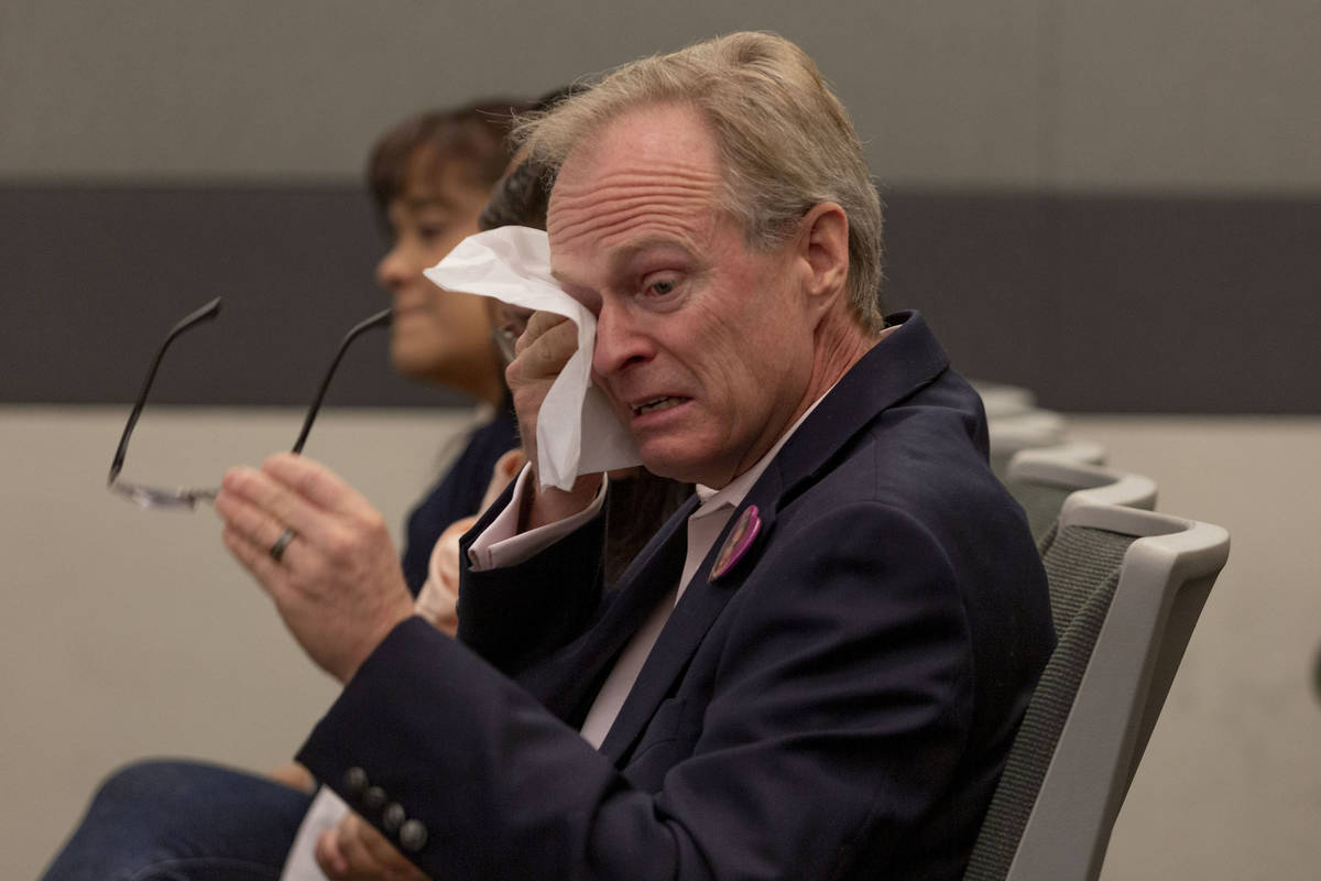 Donald Blain, father of Amelia Claypool, wipes his eyes during the sentencing of Noah Hadley at ...