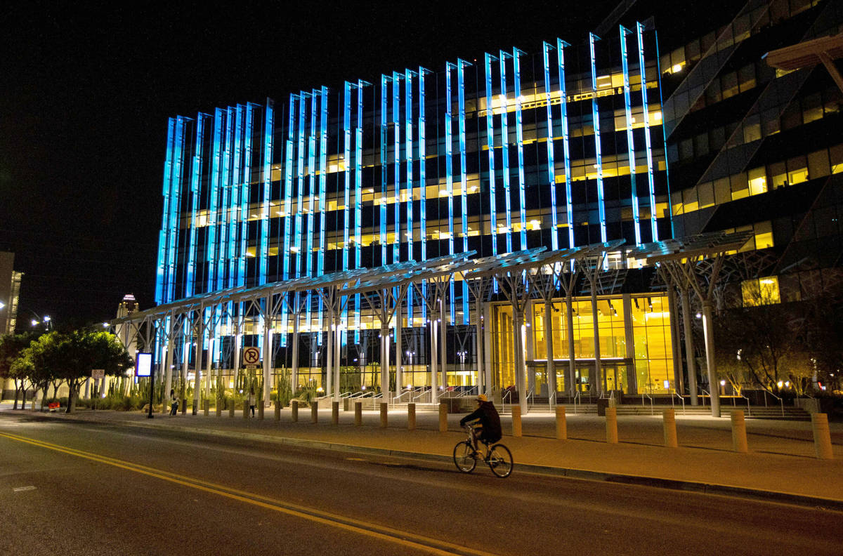 In this April 28, 2020, file photo, Las Vegas City Hall is lit up with blue and white lights. ( ...