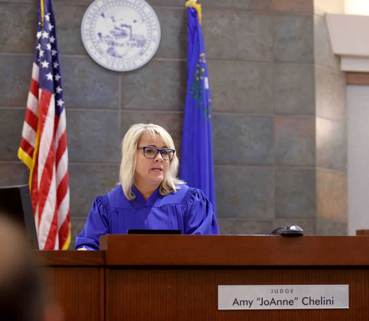 Justice of the Peace Amy Chelini addresses attorneys for Samantha Moreno Rodriguez in court at ...
