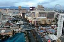 Aerial view of the Las Vegas Strip a year after the pandemic shutdown on Friday, March 12, 2021 ...