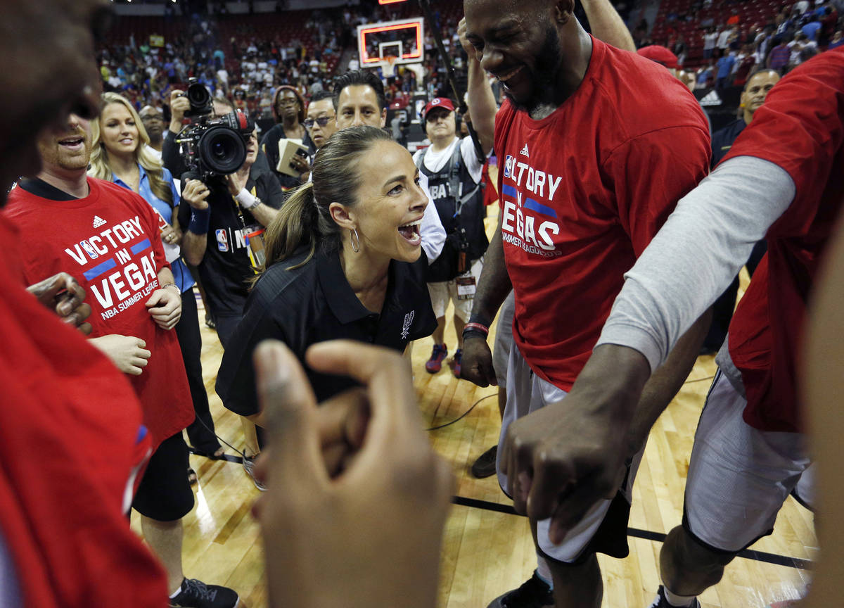 FILE - In this July 20, 2015, file photo, San Antonio Spurs coach Becky Hammon celebrates with ...