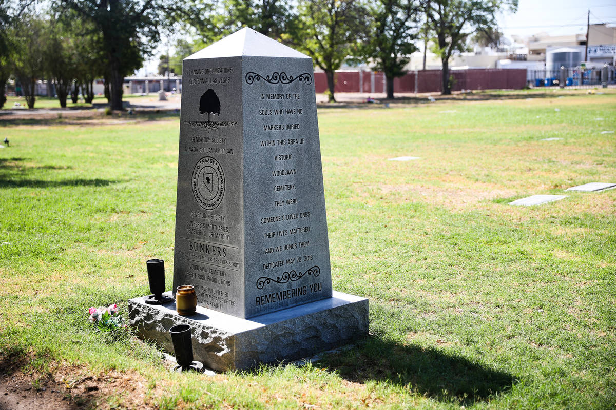 An obelisk donated by the African American Genealogy Society in memory of people who have died ...