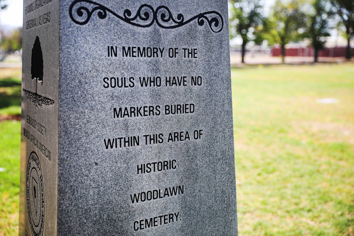 An obelisk donated by the African American Genealogy Society in memory of people who have died ...
