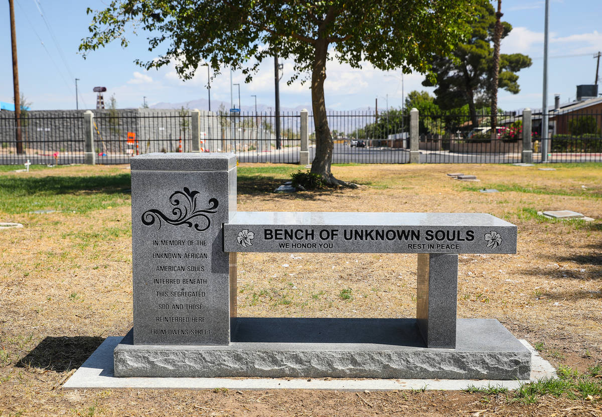 A bench in honor of the unknown African Americans buried close by at Woodlawn Cemetery in Las V ...