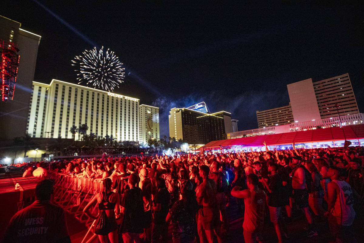 Fireworks light up the sky as ATLiens performs at the Downtown Las Vegas Events Center in Las V ...