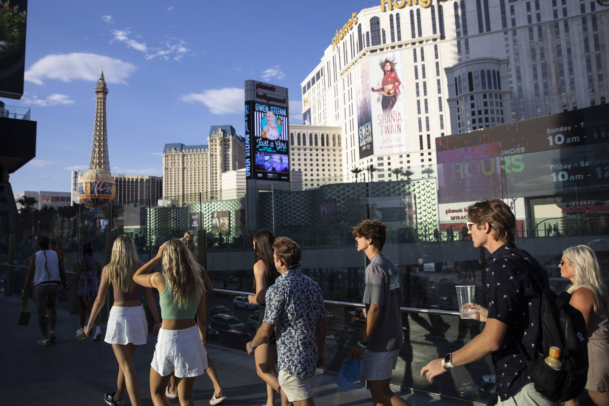 People visit the Strip near Planet Hollywood hotel-casino in Las Vegas, Saturday, July 3, 2021. ...
