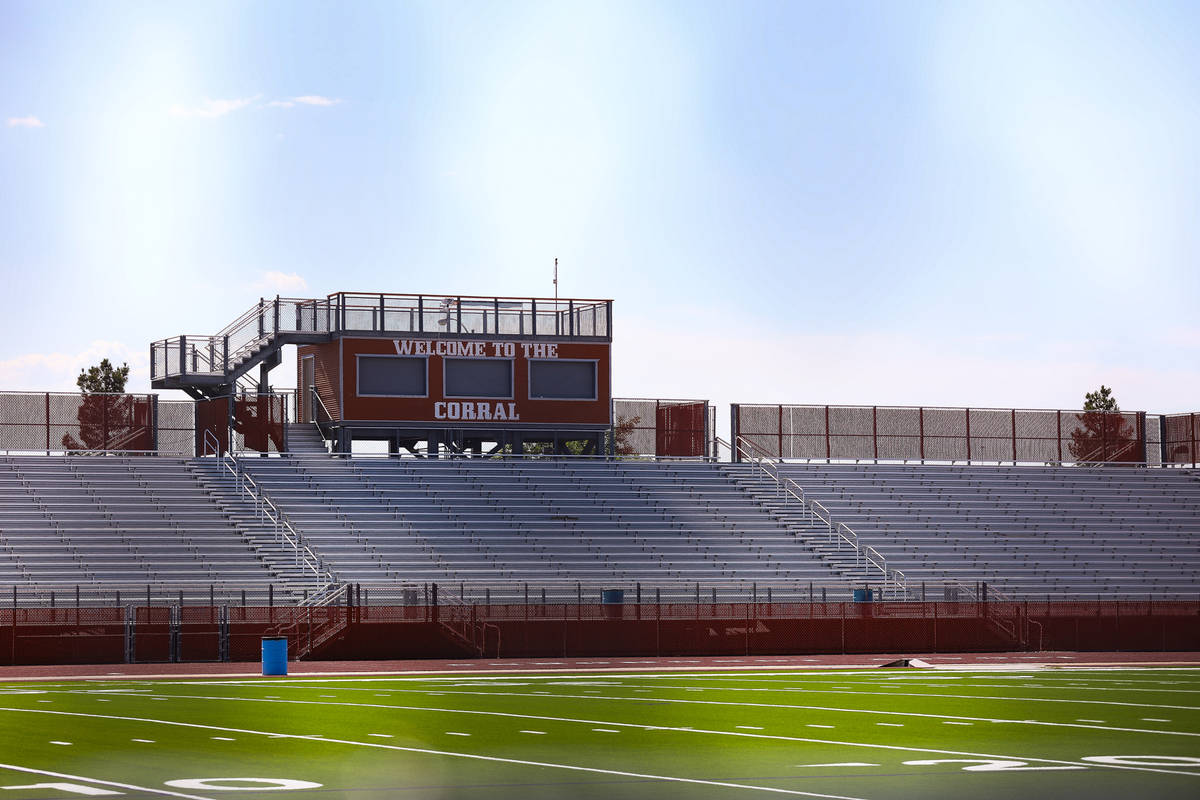 The football field at Legacy High School in North Las Vegas Wednesday, June 30, 2021. (Rachel A ...