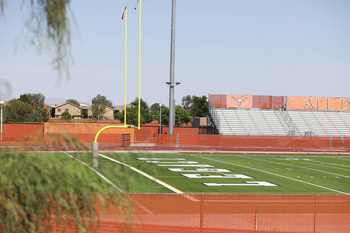 The football field at Legacy High School in North Las Vegas Wednesday, June 30, 2021. (Rachel A ...