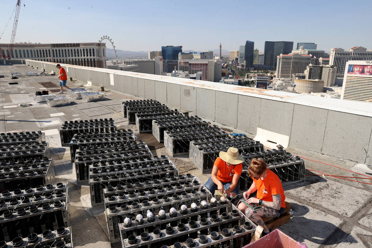 Fireworks by Grucci pyrotechnicians Savannah Zastrow of Norfolk, Neb., right, and Rebecca Geige ...