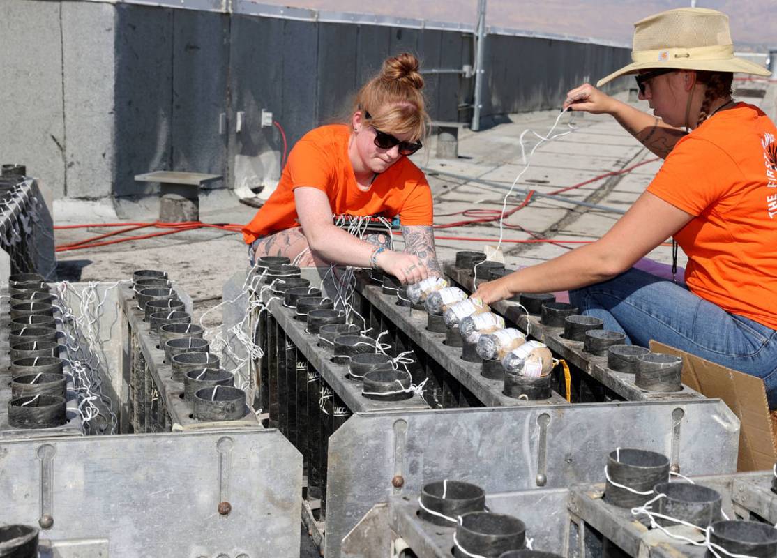 Fireworks by Grucci pyrotechnicians Savannah Zastrow of Norfolk, Neb., right, and Rebecca Geige ...