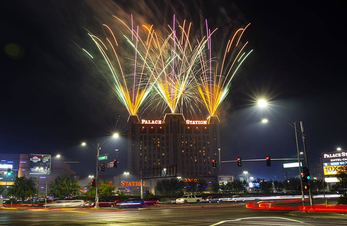 Fireworks go off in celebration of the 45th anniversary of Palace Station and Station Casinos i ...
