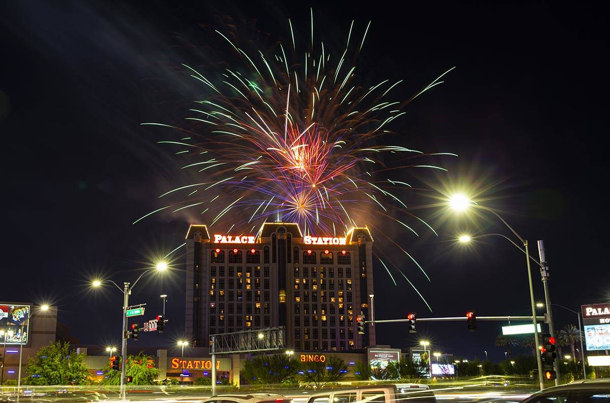 Fireworks go off in celebration of the 45th anniversary of Palace Station and Station Casinos i ...