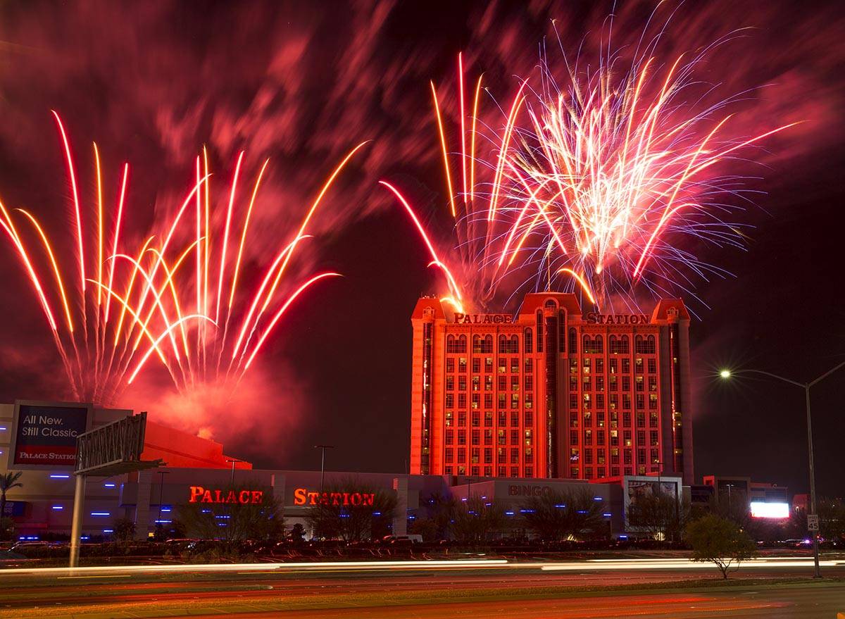 Fireworks explode during the grand reopening celebration of Palace Station in Las Vegas on Satu ...