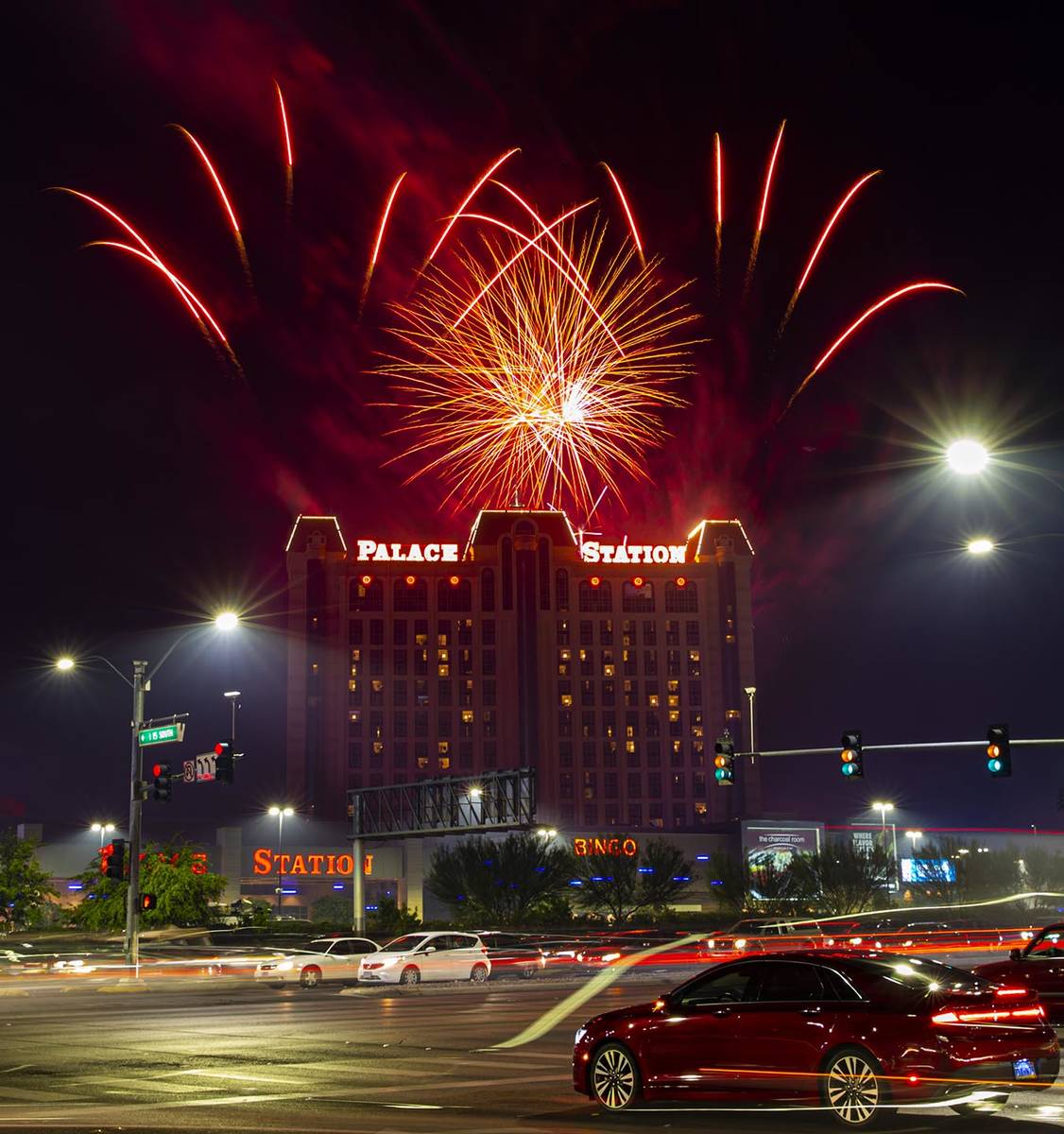 Fireworks go off in celebration of the 45th anniversary of Palace Station and Station Casinos i ...