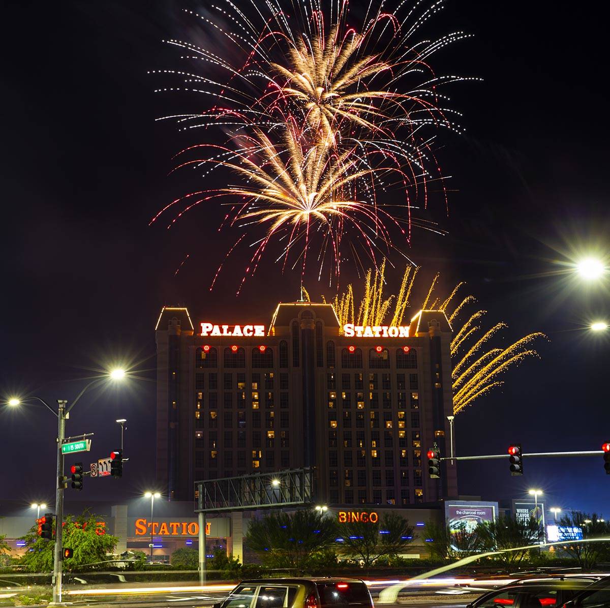 Fireworks go off in celebration of the 45th anniversary of Palace Station and Station Casinos i ...
