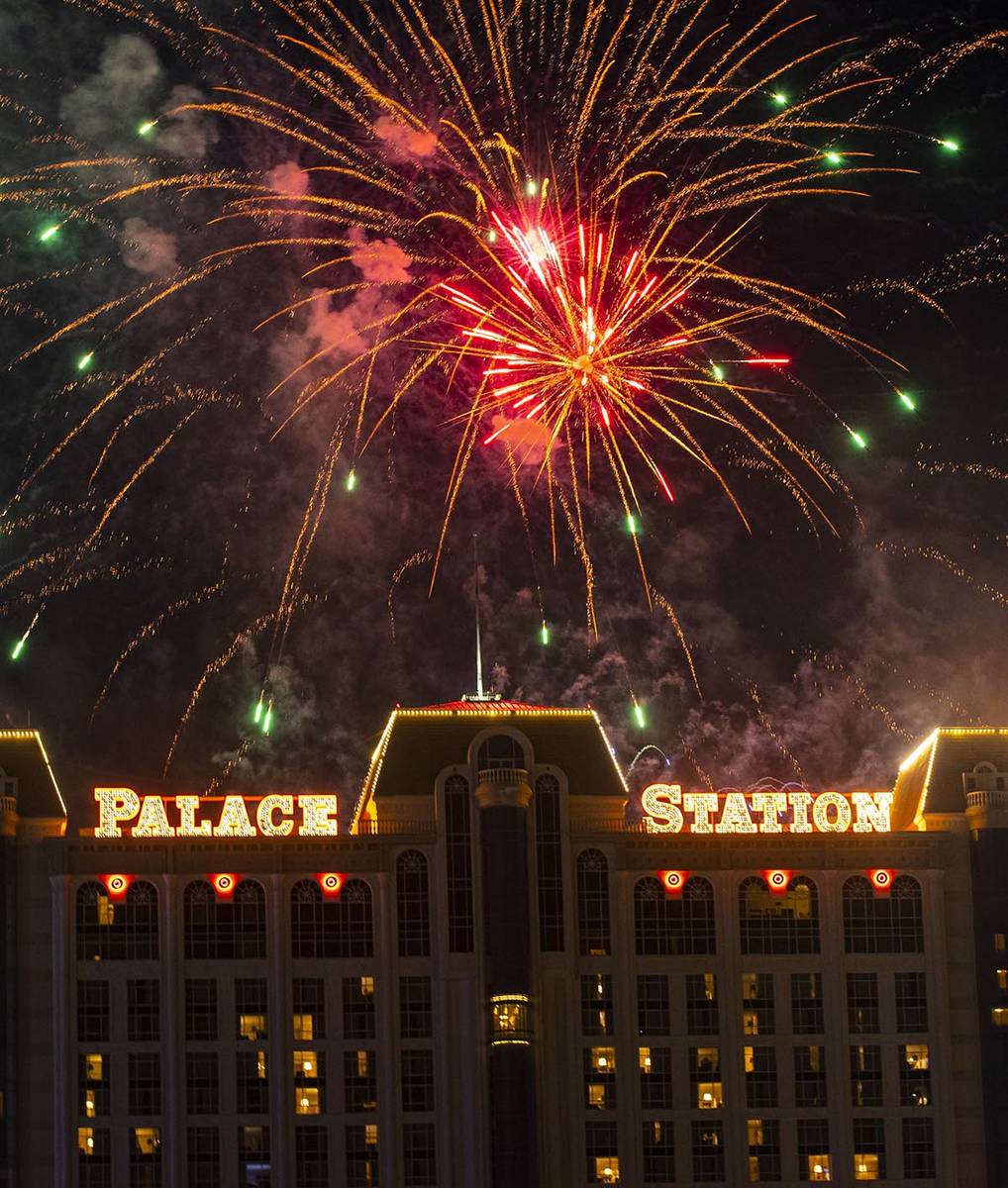 Fireworks go off in celebration of the 45th anniversary of Palace Station and Station Casinos i ...
