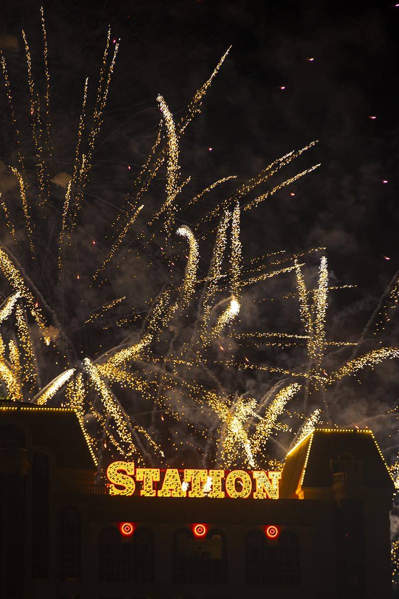 Fireworks go off in celebration of the 45th anniversary of Palace Station and Station Casinos i ...