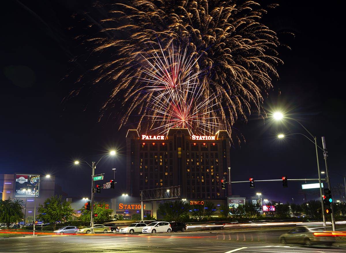 Fireworks go off in celebration of the 45th anniversary of Palace Station and Station Casinos i ...