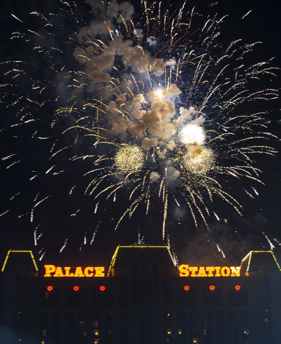 Fireworks go off in celebration of the 45th anniversary of Palace Station and Station Casinos i ...