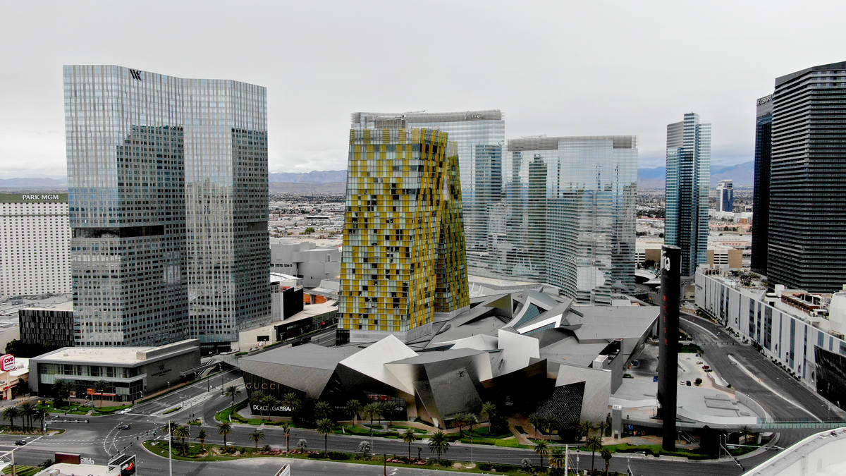 Aerial photo of MGM Resorts International's CityCenter complex as seen on Friday, April 10, 202 ...