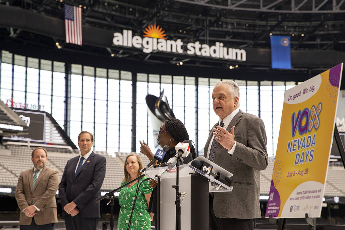 Gov. Steve Sisolak announces a COVID-19 vaccine incentive program, "Vax Nevada Days," in the Tw ...
