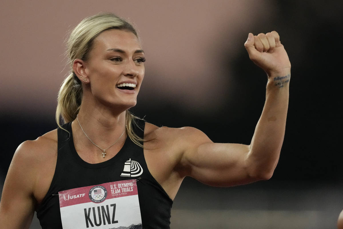 Annie Kunz reacts after winning the heptathlon at the U.S. Olympic Track and Field Trials Sunda ...