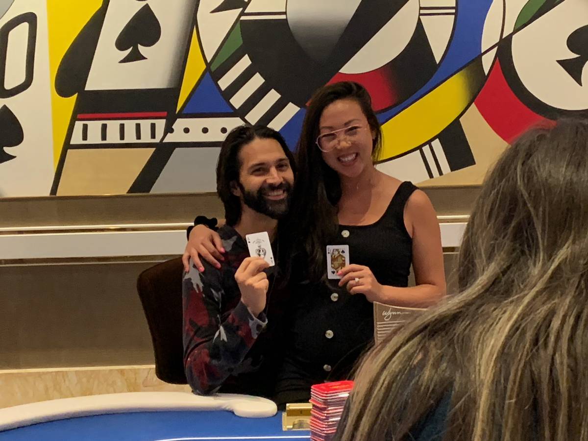 Andrew Moreno with his wife, Kristy, after winning the Wynn Millions on Saturday, July 3, 2021, ...
