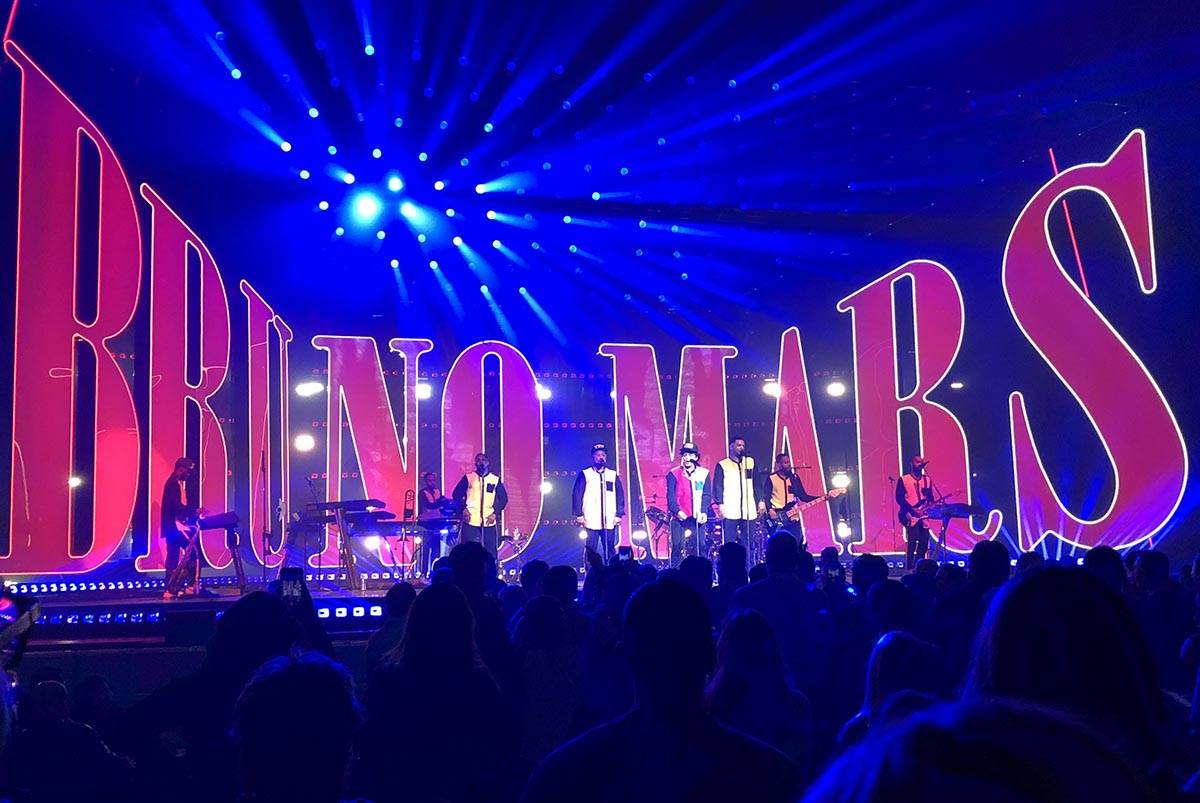 A look at Bruno Mars' stage during his performance at Park Theater on Dec. 30, 2017. Mars has s ...