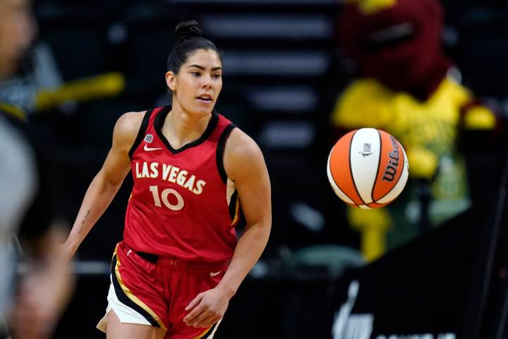 Las Vegas Aces' Kelsey Plum in action against the Seattle Storm during WNBA basketball game Sat ...