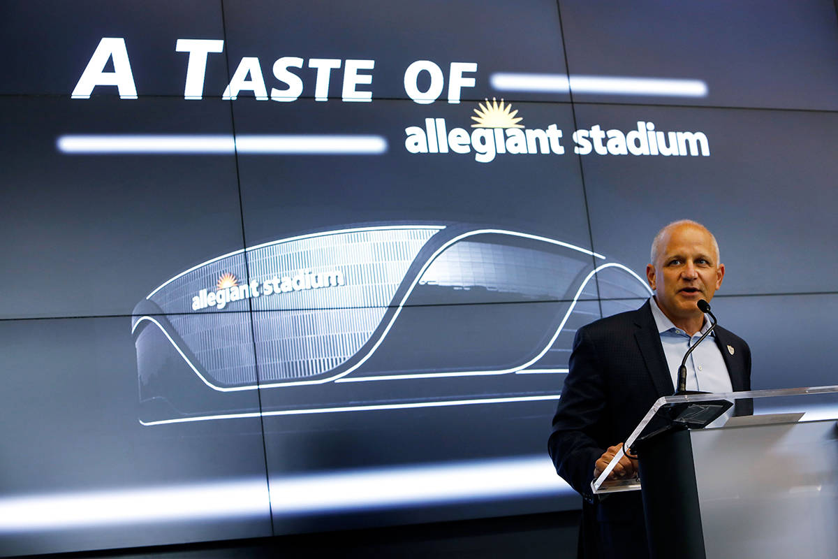 Las Vegas Raiders President Marc Badain speaks during an event of food and beverage experience ...