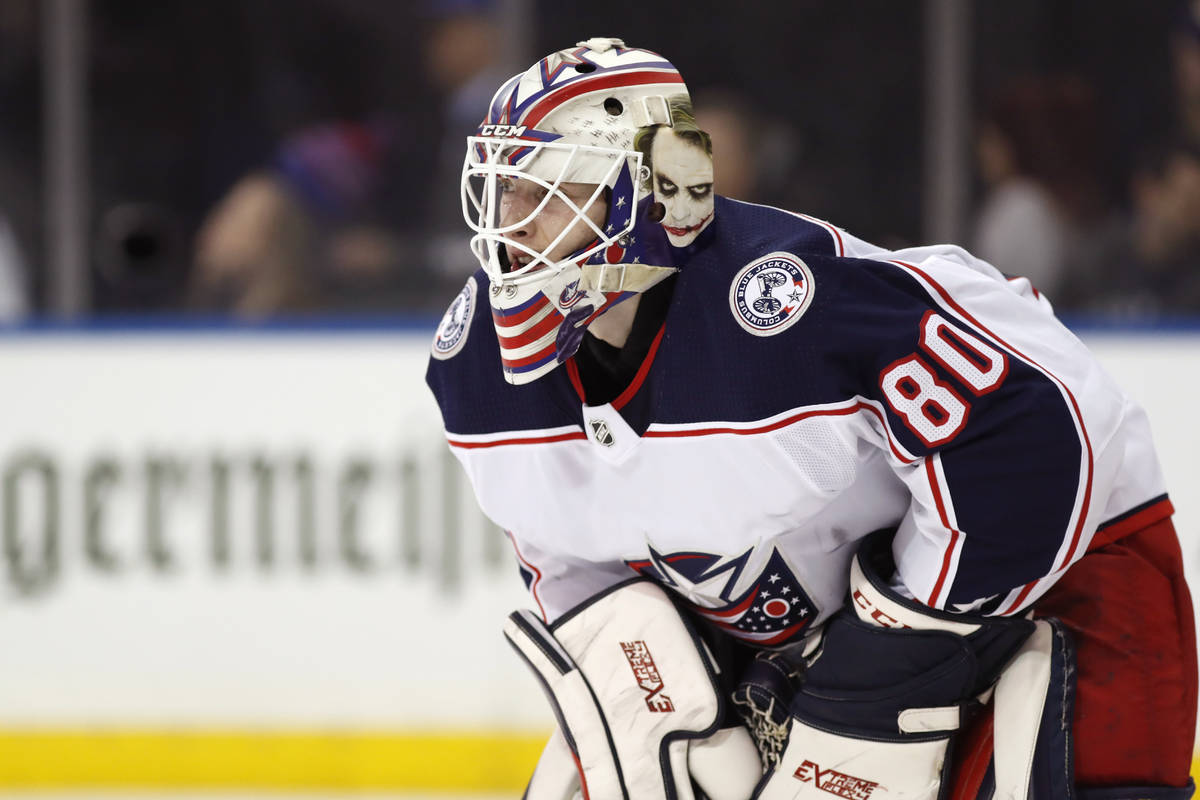 FILE - Columbus Blue Jackets goaltender Matiss Kivlenieks (80) is shown during the second perio ...