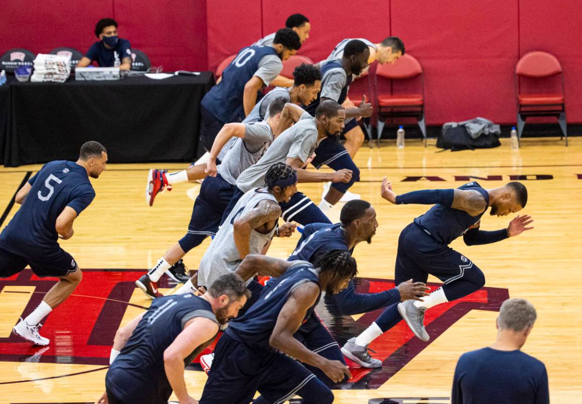 USA Basketball players train during the first day of practice, ahead of the OIympics, at Menden ...