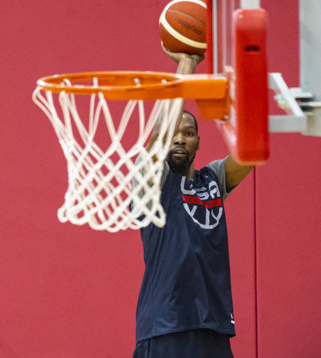 Kevin Durant trains during the first day of USA Basketball practice, ahead of the OIympics, at ...