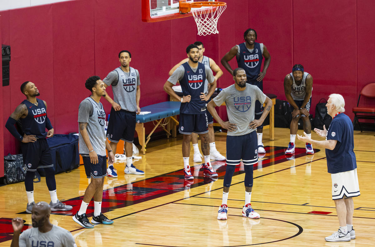 USA Basketball head coach Gregg Popovich, right, talks to players during the first day of USA B ...
