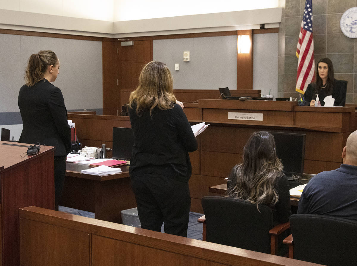 Prosecutor Pamela Weckerly, center, addresses the court as judge Harmony Letizia and Sarah Hawk ...