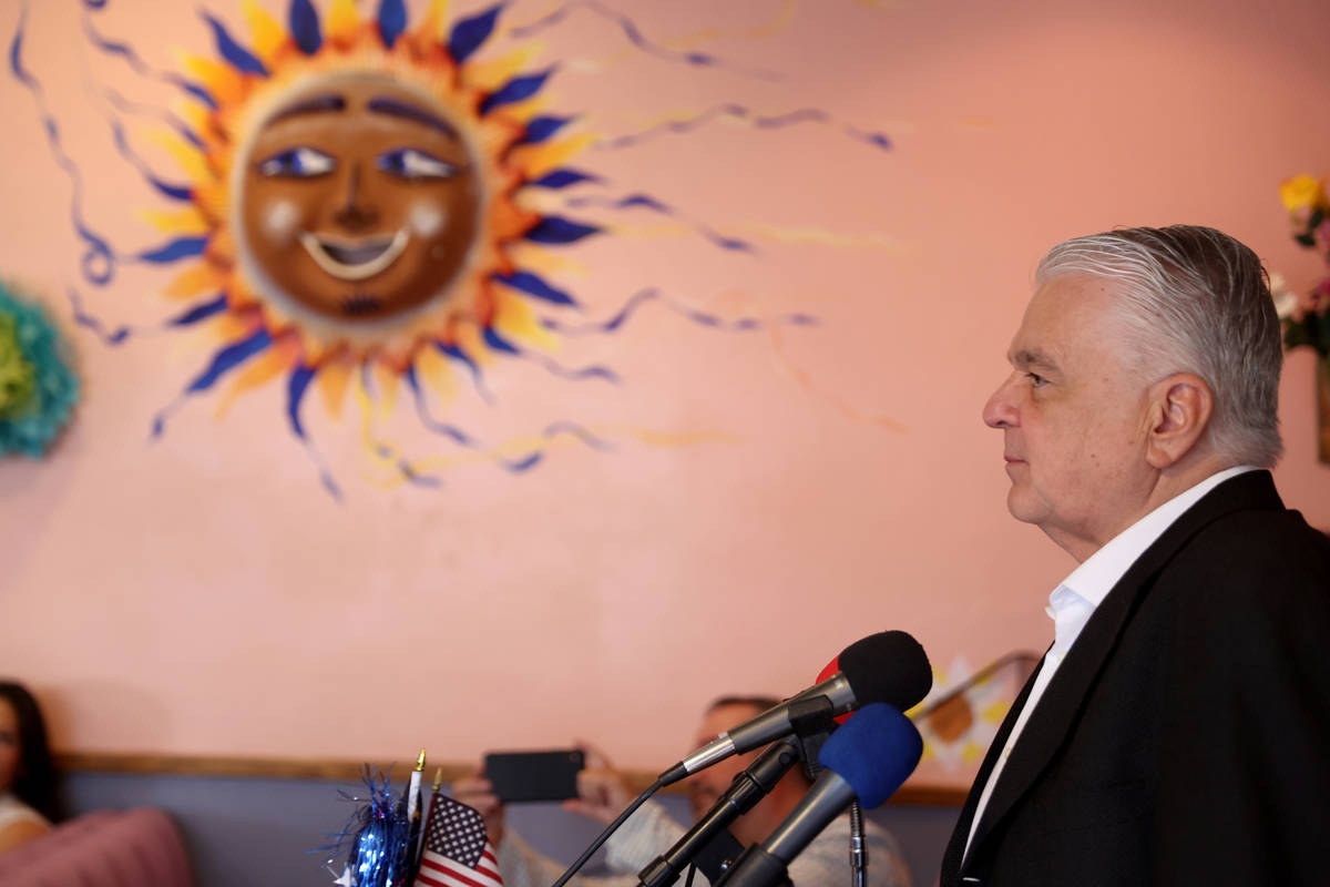 Gov. Steve Sisolak speaks at the monthly breakfast meeting of Hispanics in Politics at Dona Mar ...