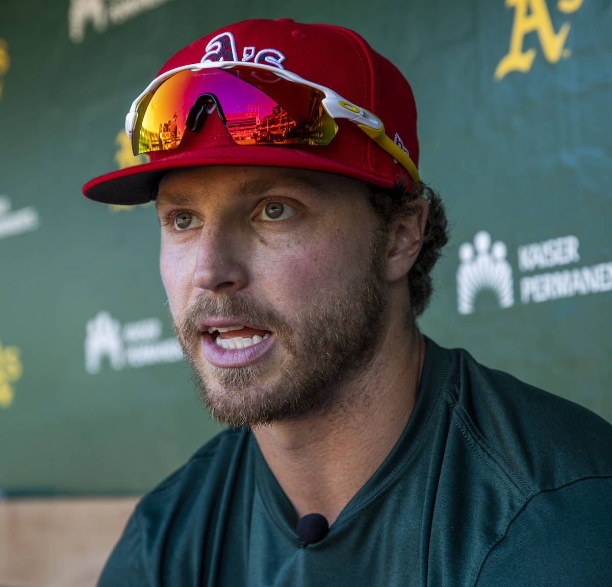 Oakland A's Skye Bolt (49) talks about a possible team move to Las Vegas before a game versus t ...