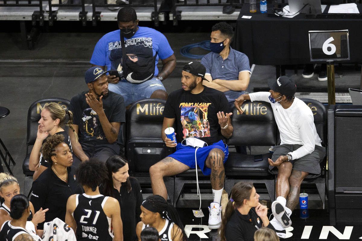 Brooklyn Nets forward Kevin Durant, left, Boston Celtics forward Jayson Tatum, and Washington W ...