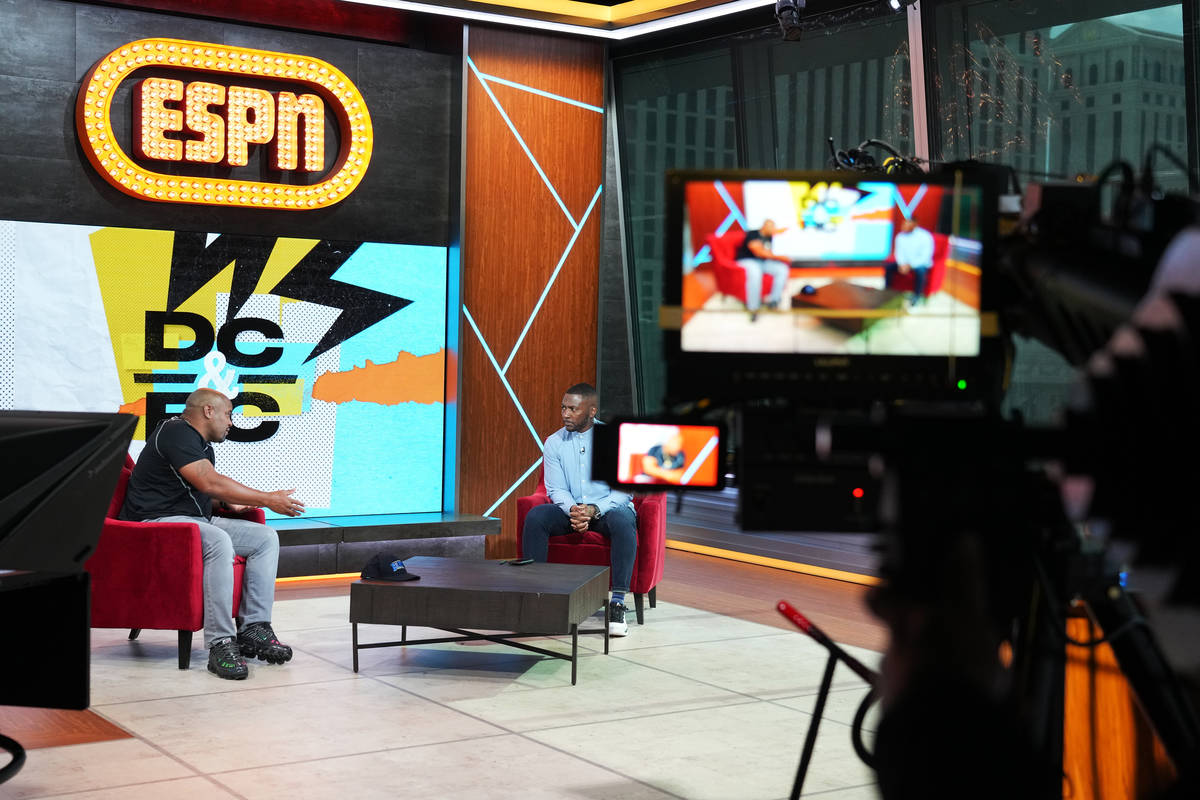 Ryan Clark and Daniel Cormier reherse for their new show,‘DC & RC’, on ESPN-Plus. (Al Power ...